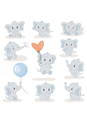 Set of digital elements with cute baby elephant