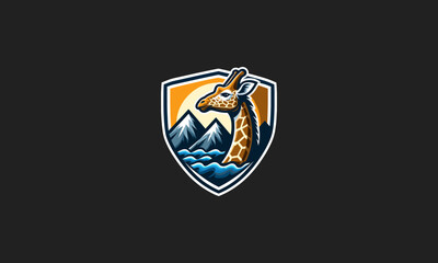 head giraffe on mountain with shield vector logo design