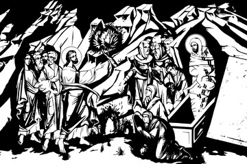 Traditional orthodox image of the Raising of Lazarus. Christian antique illustration black and white in Byzantine style