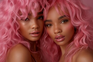 Obraz premium Two beautiful African American women models with pink hair. Beauty salon, hair coloring
