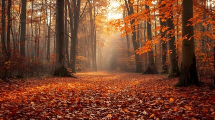 Fototapeta premium autumn forest in the morning, A tranquil image of a forest blanketed in autumn leaves, capturing the essence of the changing seasons
