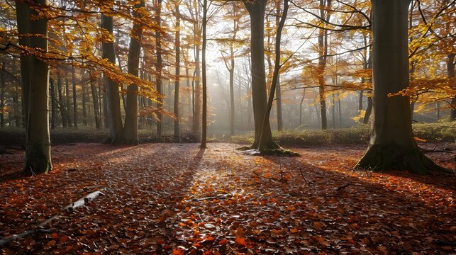 autumn in the woods, A tranquil image of a forest blanketed in autumn leaves, capturing the essence of the changing seasons