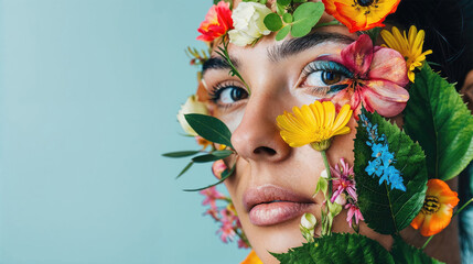 A portrait of a person with a creative makeup of vibrant flowers adorning half of their face against a neutral background.