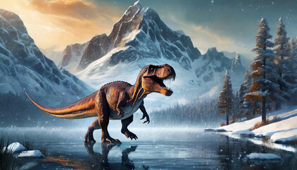 tyrannosaurus rex walks alone into cold lake, art design - obrazy, fototapety, plakaty
