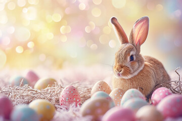 Fototapeta na wymiar Easter Bunny with Colorful Eggs on Sparkling Background
