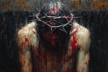 Jesus' Bloodied Crown: A Painting of the Crucifixion Generative AI