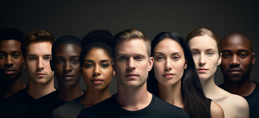 face portrait of diverse people together looking straight multiracial concept