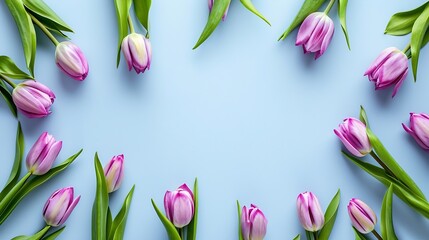Generative AI : Floral Spring frame of purple tulip flowers on blue background. ext - obrazy, fototapety, plakaty