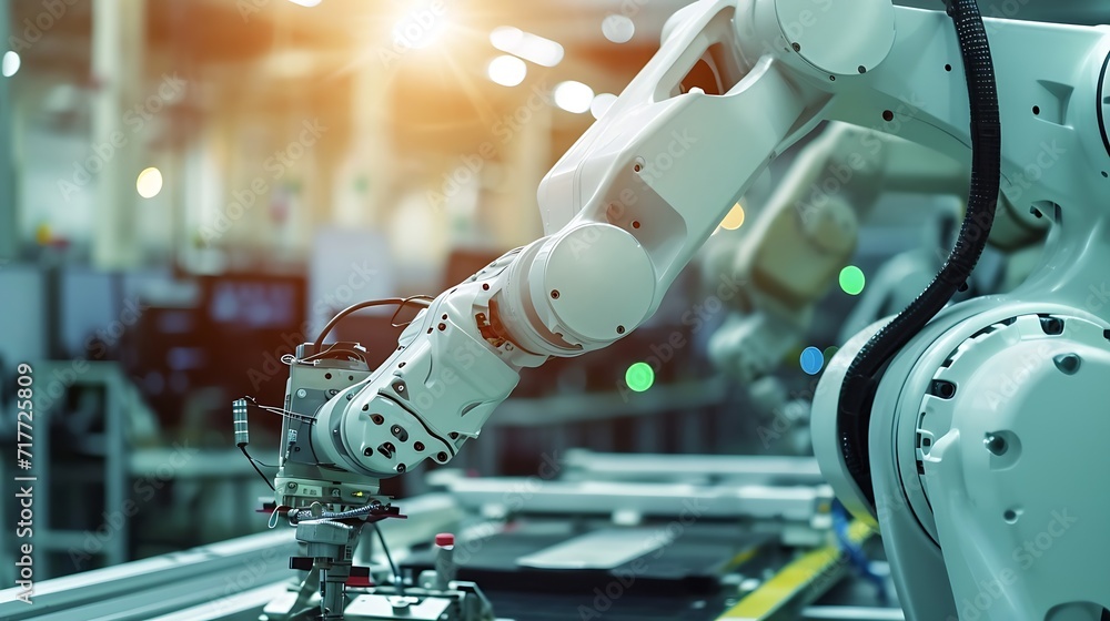 Poster Generative AI : Mechanized industry robot and robotic arms for assembly in factory production . 
