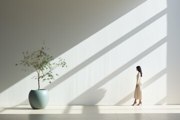 young woman standing in white room with plant in pot