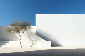 3D rendering of a white wall with a tree in the foreground. Interior in minimalist style