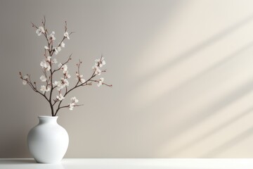 White vase with blooming branches on white table against white wall