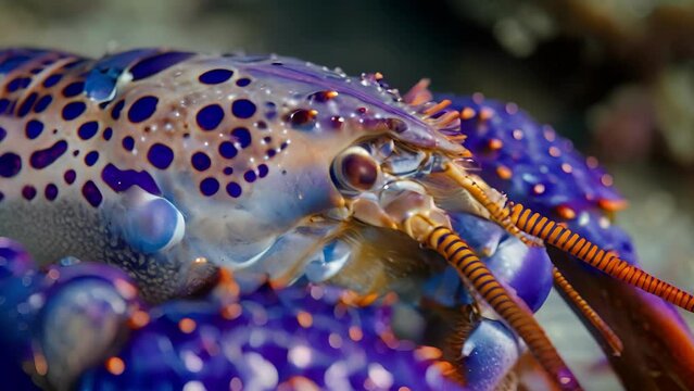 Closeup of an intricate pattern of blue and purple spots on the shell of a lobster as it creeps closer to the sandy shoreline.