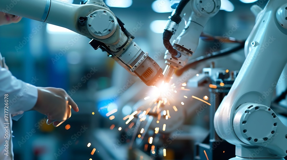 Aufkleber Generative AI : Manager engineer check and control automation robot arms machine in intelligent factory industrial 
