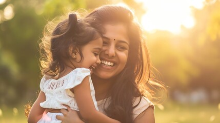 Generative AI : Happy indian mother having fun with her daughter outdoor 