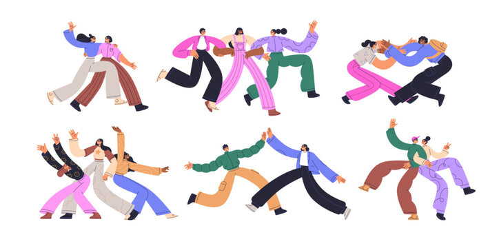 Best friends set. Young people have fun together. Happy relationships, friendship, connection concept. Funny men, women hugging, dancing. Flat graphic vector illustrations isolated on white background