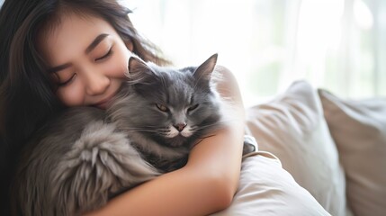 Generative AI : Happy young asian woman hugging cute grey persian cat on couch in living room at home, Adorable domestic pet concept.