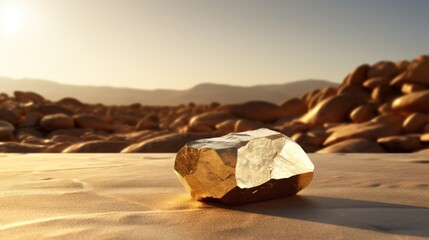 A Lone Rock in the Vast Desert Landscape, A Serene Snapshot in the Golden Expanse