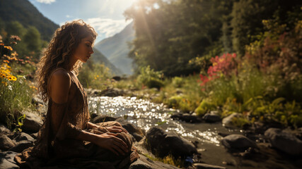 Meditating woman embracing nature's calming and healing spirituality under sunlight for self care and mental health