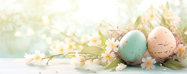 Three Eggs in Nest With Flowers on Table, Natures Delicate Harmony