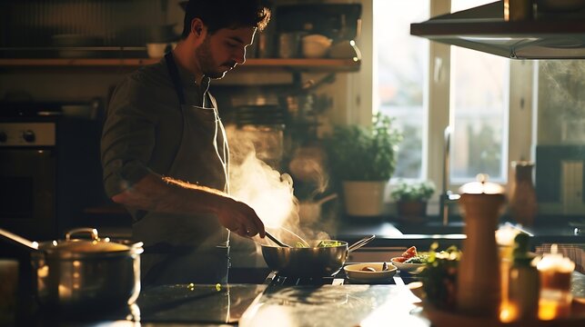 Generative AI : Young man cooking lunch at home. Handsome man preparing delicious food.