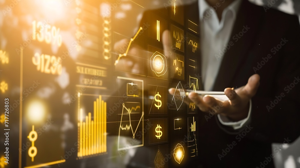 Poster Generative AI : Businessman presenting financial analysis with charts generated by big data 