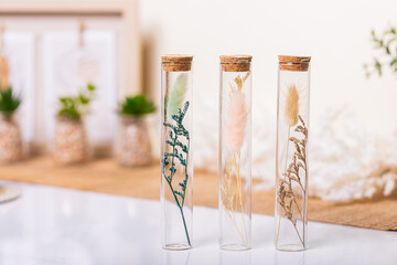 Enchanting blooms nestled in sealed jars amidst boho decor. Ideal for home accents, wedding...