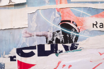 Torn and ripped street poster background, abstract paper collage 