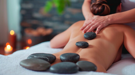 Woman in a spa salon massages stones. Selective focus.