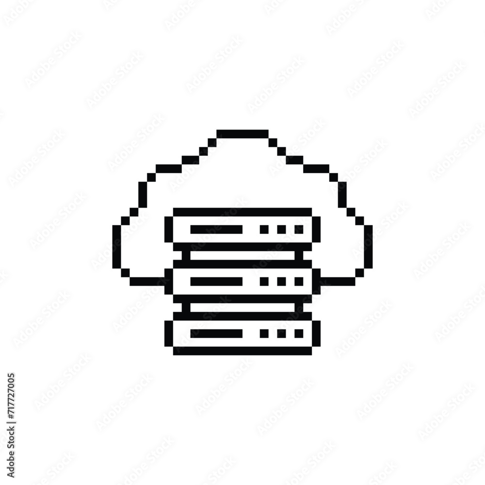 Poster pixel computer server icon. vector pixel art computer server 8 bit for game company logo template