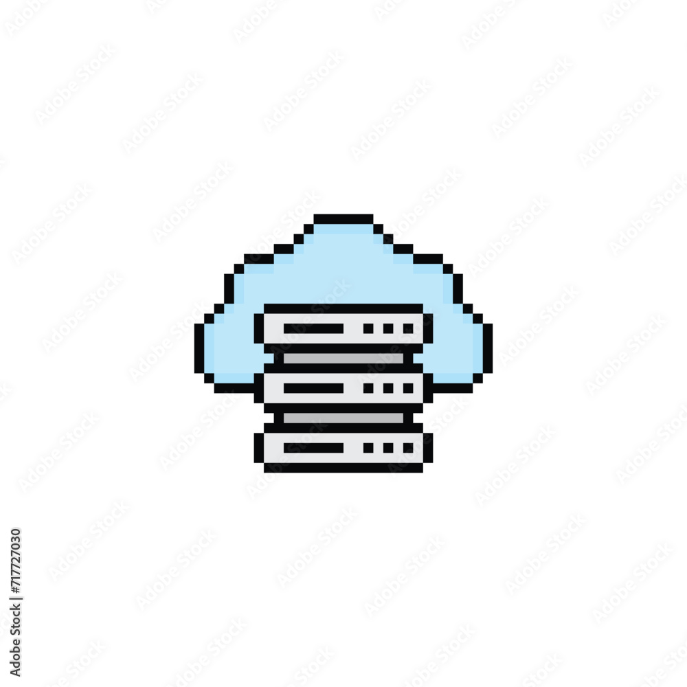 Poster pixel computer server icon. vector pixel art computer server 8 bit for game company logo template