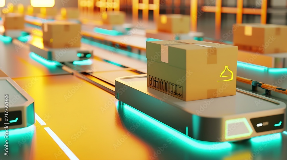 Leinwandbilder Generative AI : Future Technology 3D Concept: Automated Retail Warehouse AGV Robots with Infographics Delivering Cardboard Boxes in Distribution Logistics Center. 