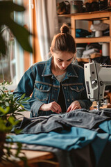 A woman sews on a sewing machine. Selective focus.