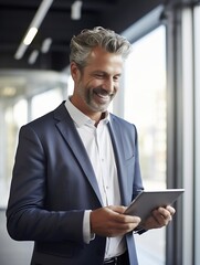 Generative AI : Happy middle aged business man ceo wearing suit standing in office