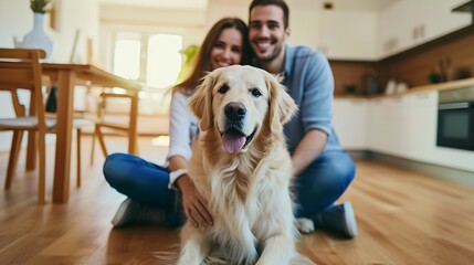 Generative AI : Cheery young international couple with cute golden retriever dog sitting on floor  - obrazy, fototapety, plakaty