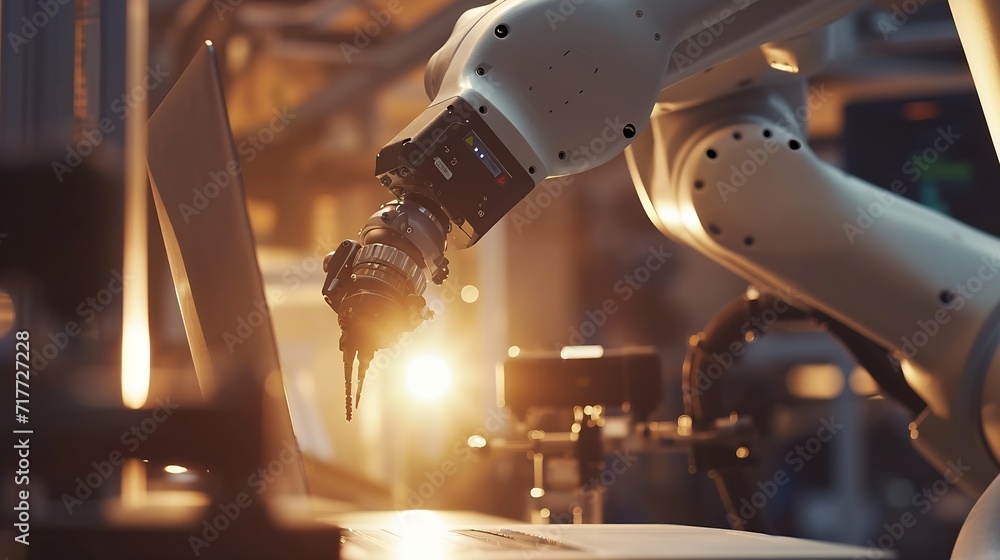 Poster Generative AI : At the Factory: Automation Engineer Uses Laptop for Programming Robotic Arm. New Era in Automatic Manufacturing Industry.