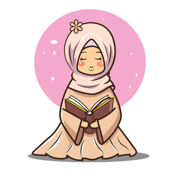 Cute muslim girl reading Holly Quran vector illustration.Ramadan concept. .aesthetic, chubby style. Ramadan praying background.Islamic background vector.