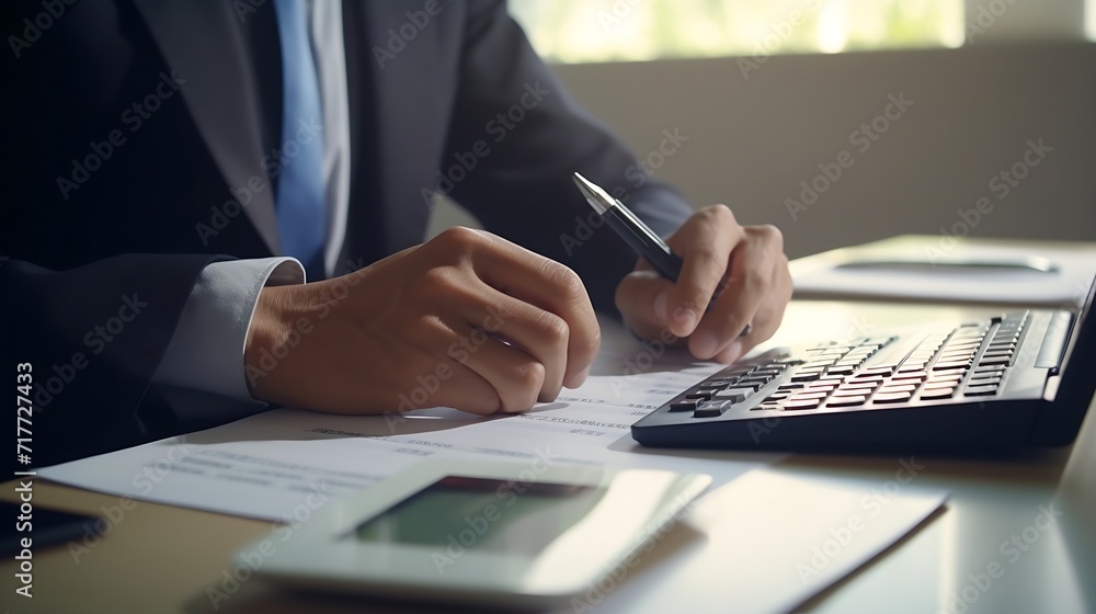 Poster Generative AI : businessman working on desk office with using a calculator to calculate the numbers