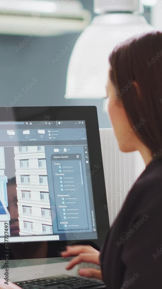 Poster vertical video creative developer designing building models on 3d software, working on creating cons