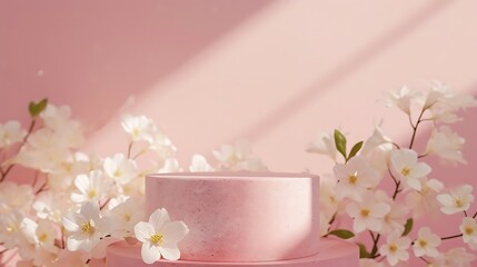 Obraz na płótnie Canvas Generative AI : Background for cosmetic products of natural pink color. Stone podium with white flowers. 