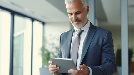 Fototapeta premium Generative AI : Happy middle aged business man ceo wearing suit standing in office