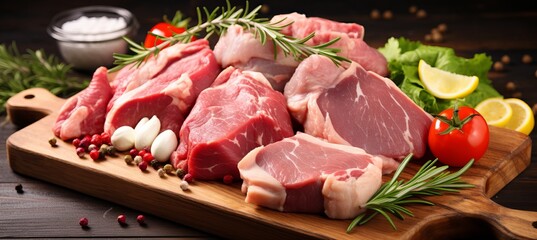 Title assortment of fresh pork, beef, turkey, and chicken meat on wooden cutting board