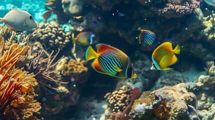Naklejka na ściany i meble Generative AI : Tropical sea underwater fishes on coral reef. Aquarium oceanarium wildlife colorful marine