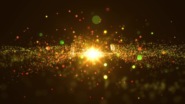 Space golden background with particles. Space gold dust with stars on black background. Sunlight of beams and gloss of particles galaxies. VJ Seamless loop. 4k
