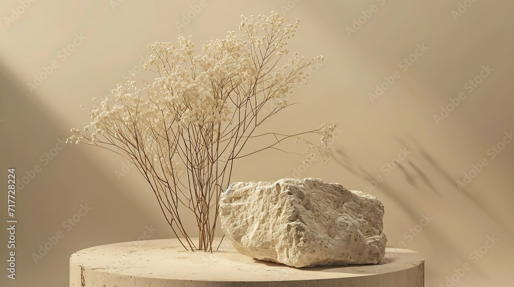 Poster generative ai : composition empty podium material tree stone dry flowers. product presentation.