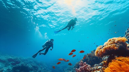Generative AI : young men snorkeling exploring underwater coral reef landscape background in the...