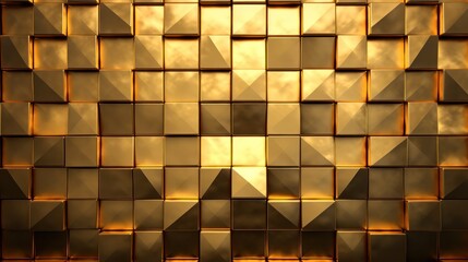 Naklejka premium Close-Up View of a Golden Geometric Patterned Wall in Warm Illumination. Luxury trendy background. Banner.