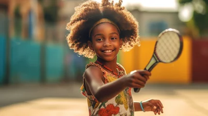 Gordijnen Close up of african girl wearing a sportswear holding a tennis racket and ball on court © caucul