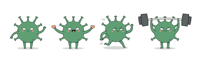 Cute virus cartoon character set 1 of waving hand, spreading love, running away and lifting weight