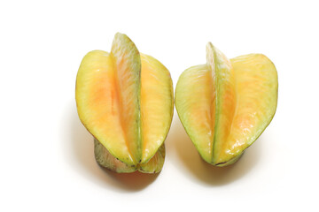 Two fresh organic star fruit delicious isolated on white background clipping path